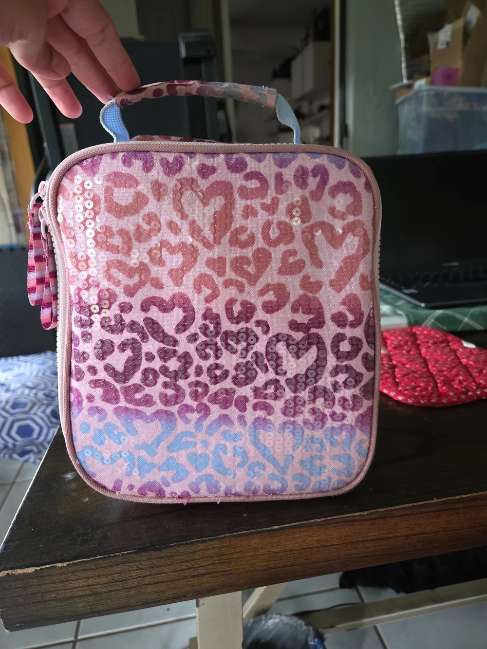 Pink Sequin Leopard Print Cosmetic Bag